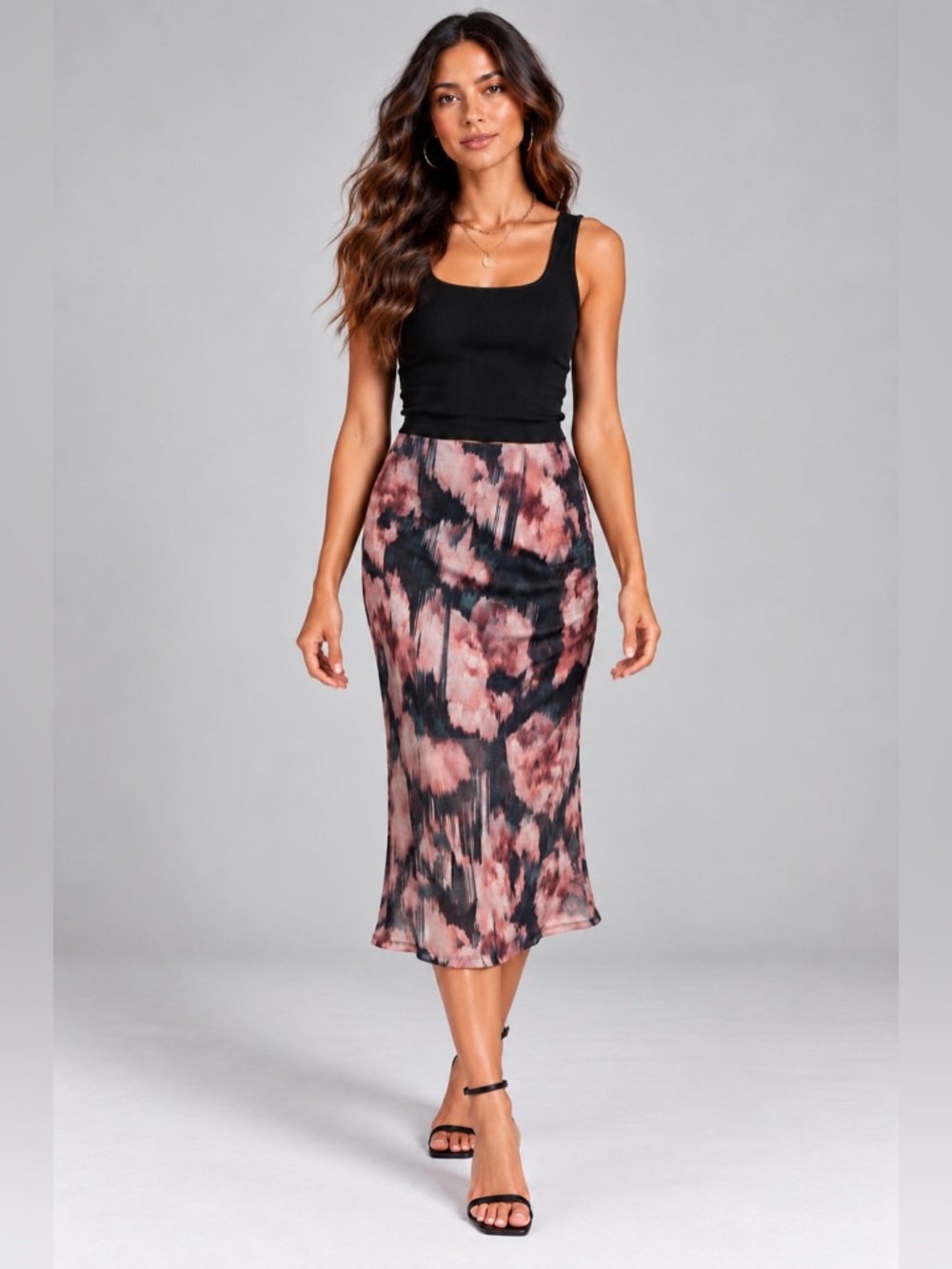 Abercrombie Fitch Womens LP Floral Mesh Midi Skirt Blush Black NWT